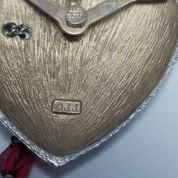 Vintage JJ Heart Shape Crying Eye Brooch, Gold Tone, Red Beads, Signed Estate - Picture 4 of 7